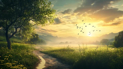 Golden sunrise illuminates tranquil country path and meadow.