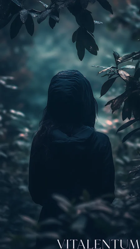 Solitary hooded figure walking through misty forest dusk.