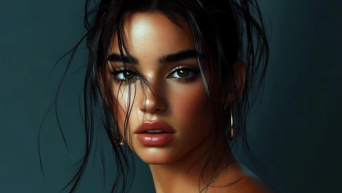 Stormlit gaze of a digital muse in teal-blue silence.