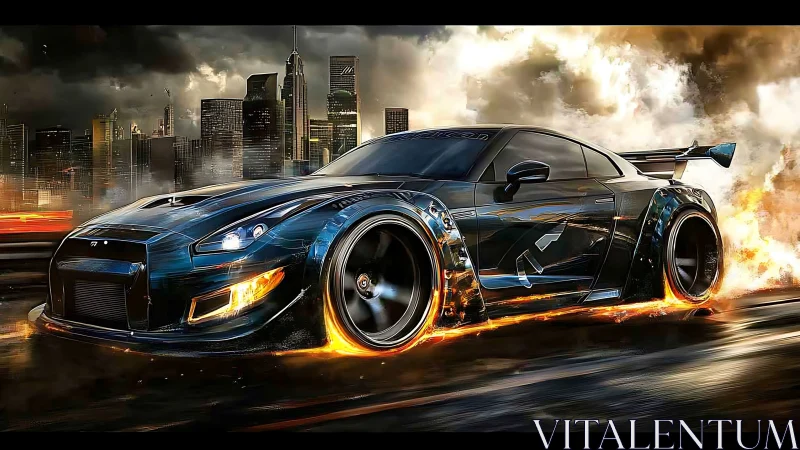Cyberpunk racing supercar in flame-trail urban nightscape.