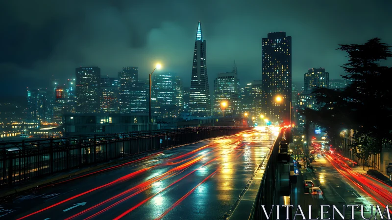 Rainy city lights guiding late-night journeys homeward.