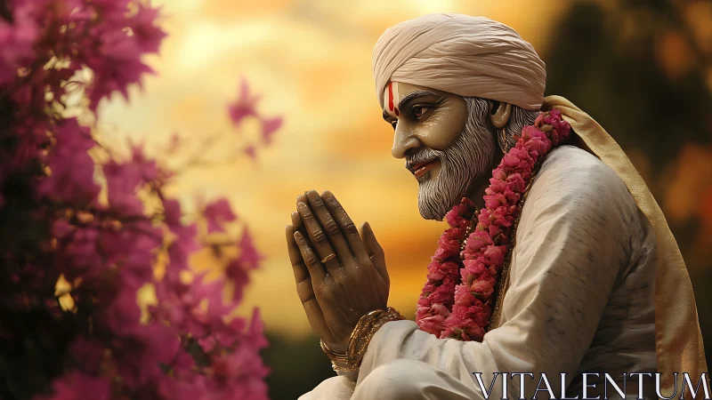 Statue of praying figure with garland against warm sunset