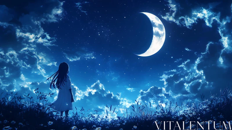 Luminous crescent moon over silhouetted girl in nocturnal field.