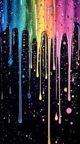 Vertical color drips descend over dark field with suspended droplets