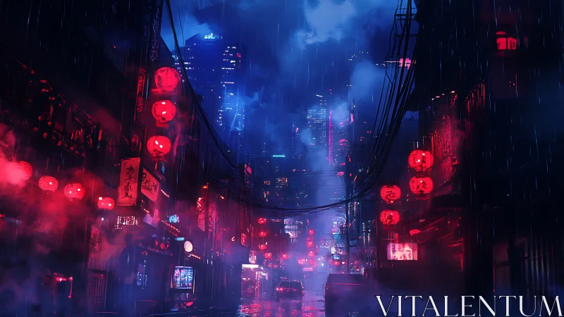 Rain-soaked neon alley renders cinematic cyberpunk depth study