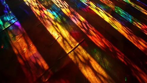 Stained-glass sunrays dancing across a painted floor mosaic.