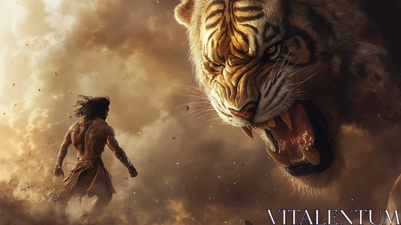 Warrior confronts roaring tiger in swirling desert storm