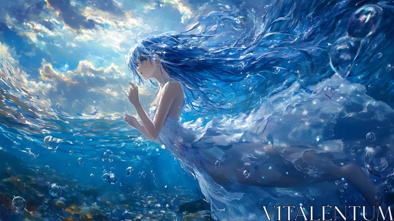 Underwater girl drifts through luminous blue seascape.