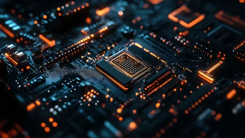 Glowing central processor illuminates dense futuristic circuit