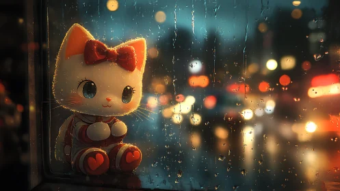Digital painting of plush cat at rainy city window at night.