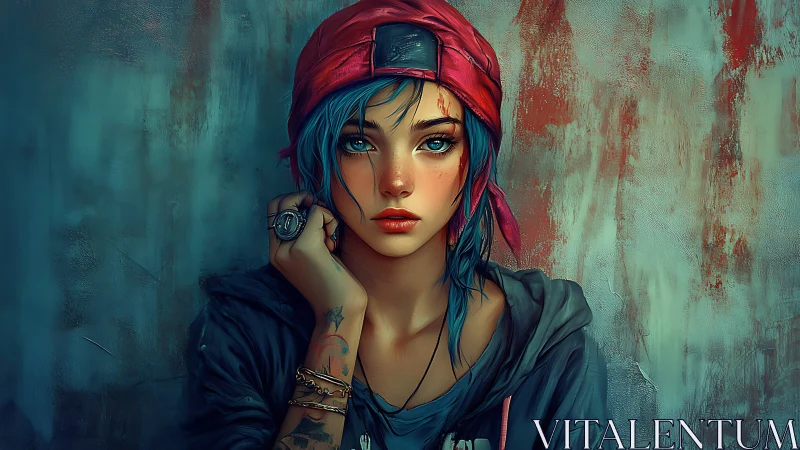 Digital portrait of blue haired girl in red cap against wall