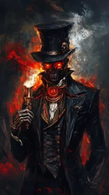 Infernal steampunk lich gentleman in incandescent regalia.