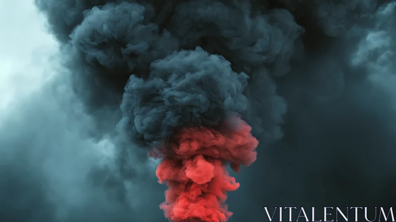 Chromatic turbulence column with red plume under cyan haze.