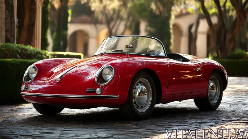Red vintage roadster catches warm courtyard sunlight perfectly.