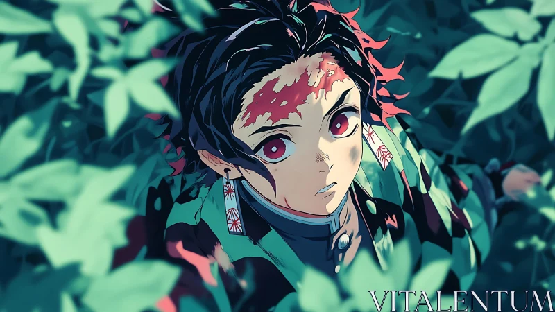 Hidden warrior’s crimson gaze framed by whispering leaves.