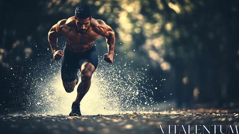 Powerful runner explodes into a sprint along a misty path