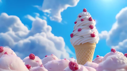 Soft serve cone with raspberries against clouded blue sky.