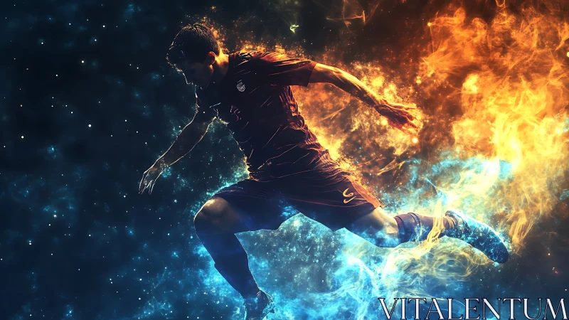 Fiery soccer player leaps through swirling cosmic energy