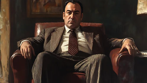 Powerful businessman reclines in leather chair, exuding dominance.