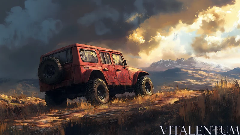 Digital painting of red off-road SUV in dramatic highland light.