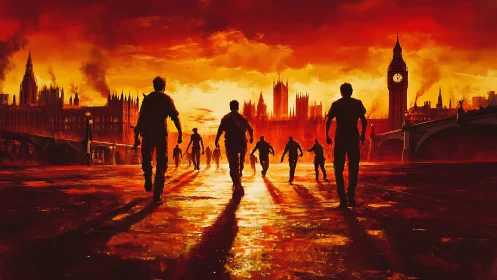Post-apocalyptic London bridge silhouettes at infernal sunset