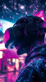 Man using VR headset in neon city rain at night.