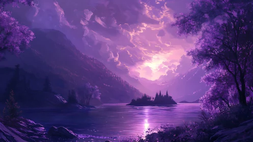 Violet twilight lake cradling a dreaming island of pines.