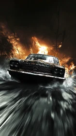 High-Velocity 1960s Sedan Executing Precision Aquatic Maneuver Through Inferno.