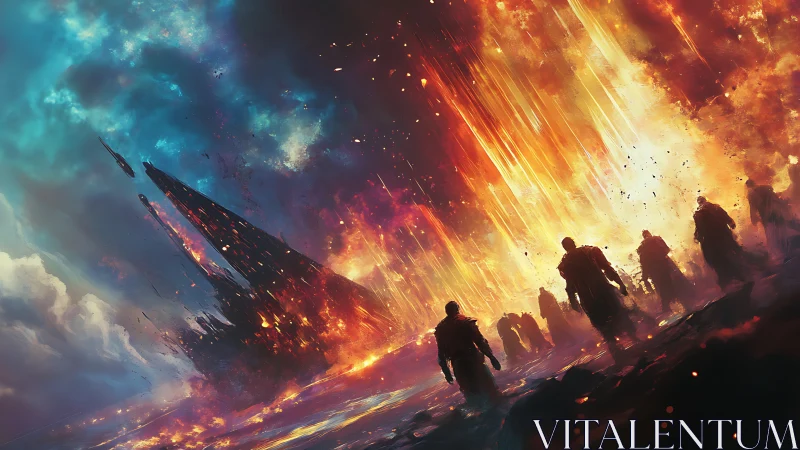 Silhouetted wanderers under cascading apocalyptic firestorm.