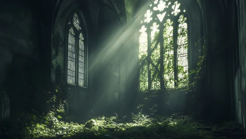 Sunlit ivy reclaiming a forgotten, quietly enchanted chapel.