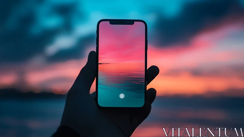 Smartphone screen framing vivid ocean sunset scene.