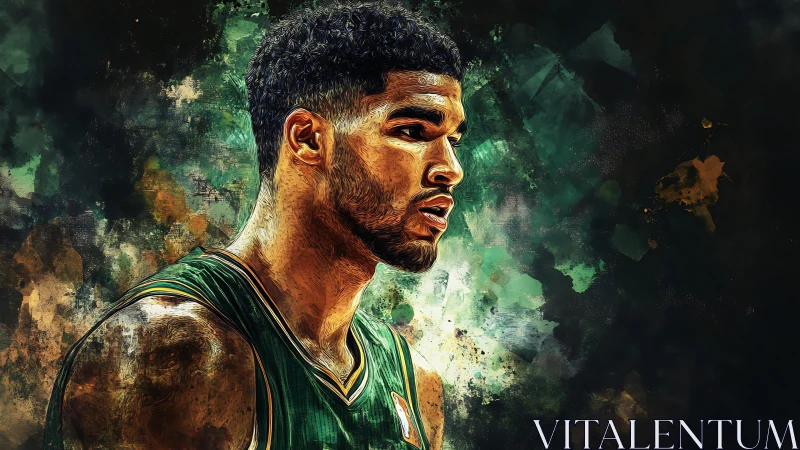 Emerald court gladiator poised in swirling paint storms.