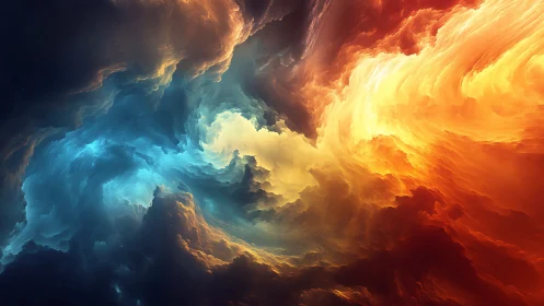 Bilateral abstract cloud formation in blue and orange hues.