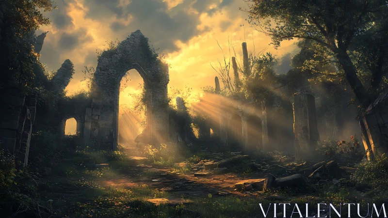 Stone arch ruins in forest clearing under low sun rays.