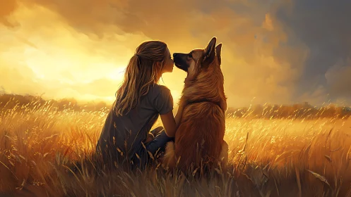 Person and canine in golden field during sunset illumination.