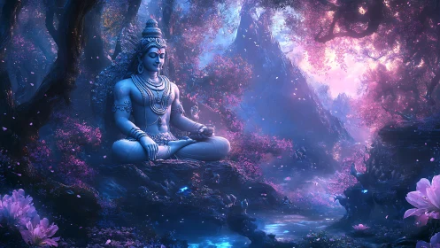 Serene blue deity meditating in luminous mystical forest.