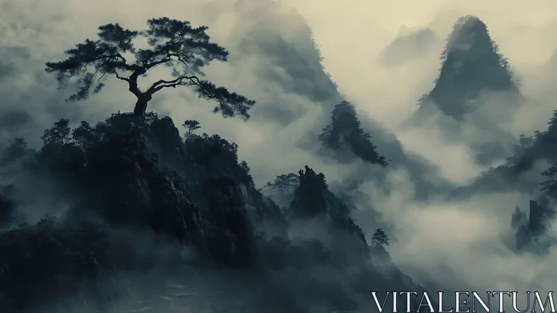 Solitary wind-shaped pine atop mist-veiled granite peaks