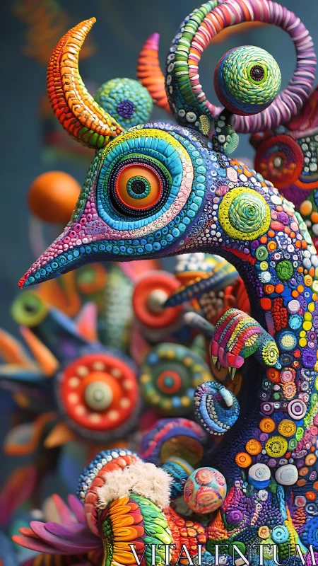 Chromatic micro-mosaic avian construct with spiraled horn arrays.