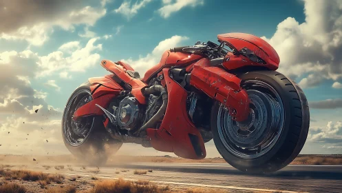 Futuristic red hoverbike blasting across dusty highway clouds.