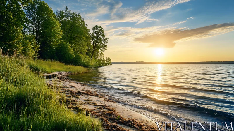 Sunlit freshwater shoreline with trees and calm water.