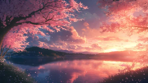 Sunset cherry blossoms glow above a tranquil reflective lake.
