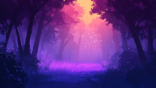 Enchanted Forest Path: Neon Glow Through Twilight.
