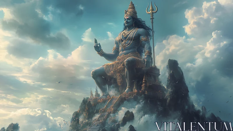 Colossal Shiva deity dominates storm-lit celestial mountainscape