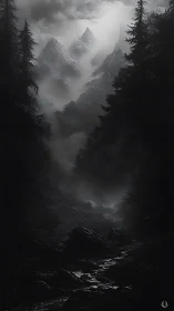 Monochrome alpine ravine with mist-laden conifer silhouettes.