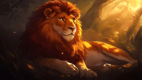 Golden light on calm lion in shadowed forest clearing.