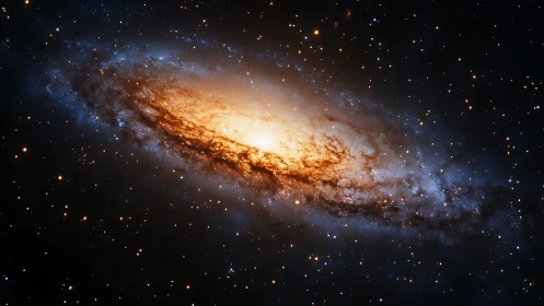 Spiral galaxy glows in dense star field of deep space.