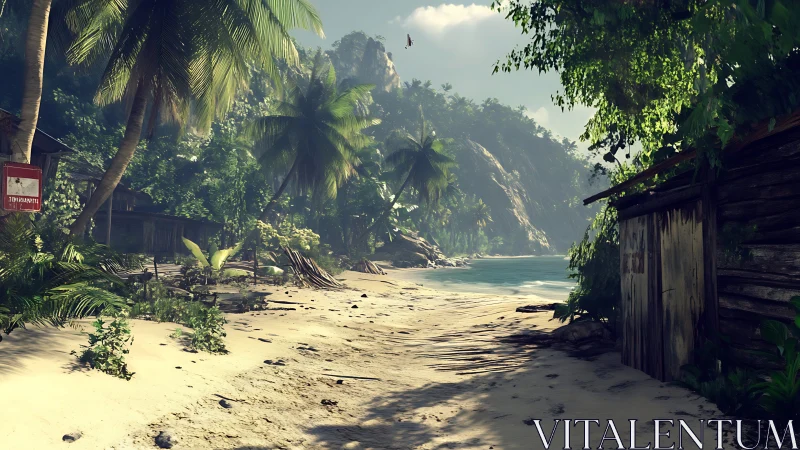 Secluded tropical cove with dramatic limestone cliffs and weathered coastal structures.