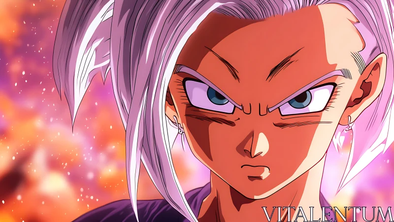 Silver‑haired anime warrior glaring through cosmic embers.