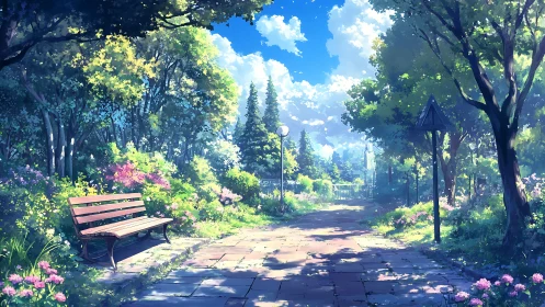 Sunlit park pathway and bench under lush blooming trees.