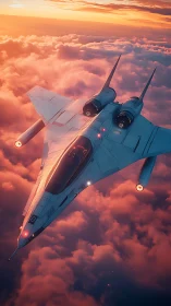 Futuristic twin‑engine jet over dense sunset cloud layer.